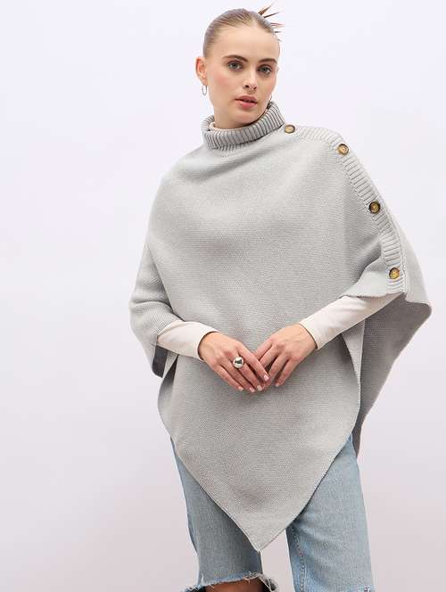 women grey turtle neck self design ponchos - 21695372 - Standard Image - 0