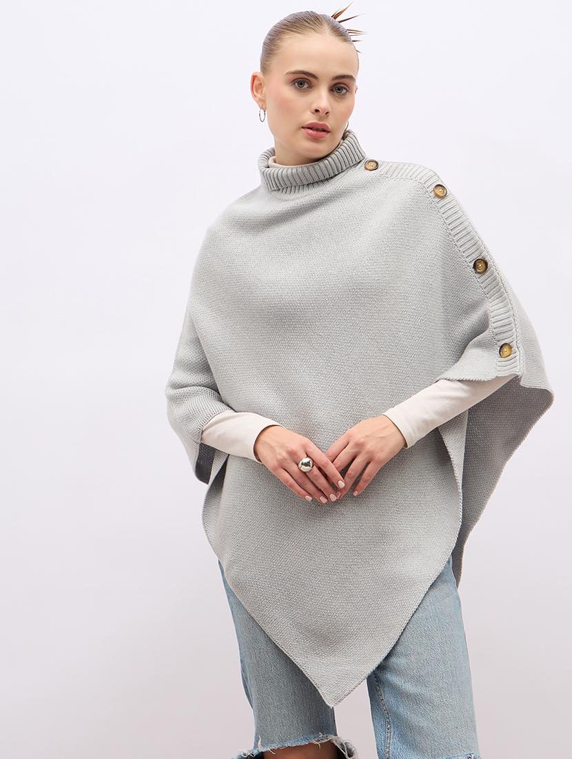 women grey turtle neck self design ponchos