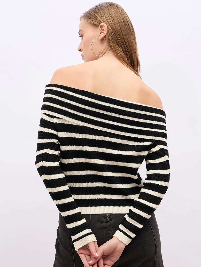 women striped long sleeve off shoulder pullover - 21695396 - Standard Image - 2