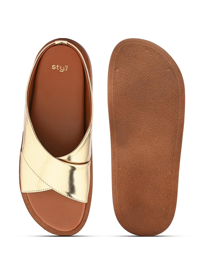 gold synthetic slip on sandals - 21695404 - Standard Image - 2