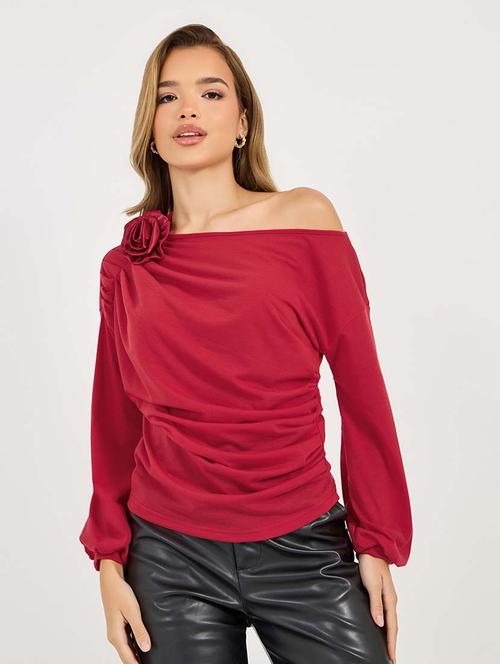 women solid asymmetric neck ruched top - 21695473 - Standard Image - 0