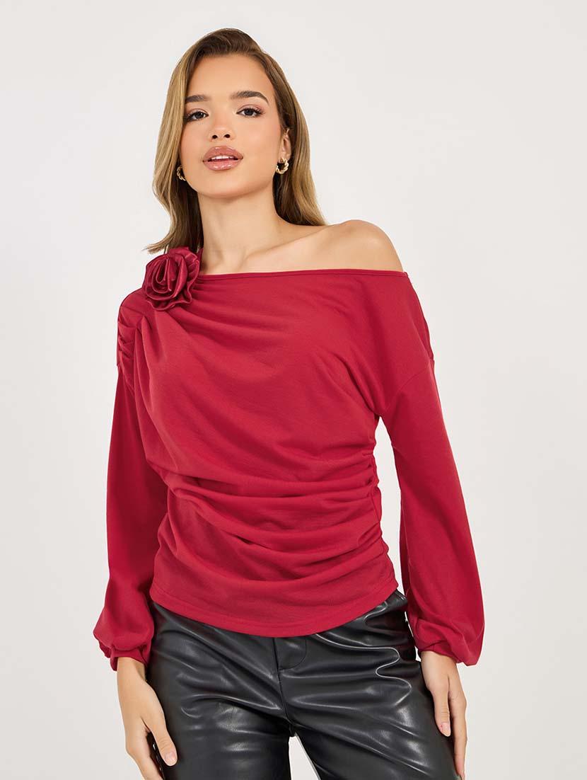 women solid asymmetric neck ruched top - 21695473 - Zoom Image - 0