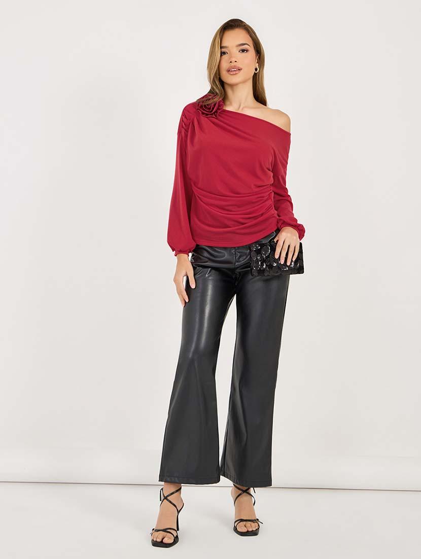 women solid asymmetric neck ruched top - 21695473 - Standard Image - 2