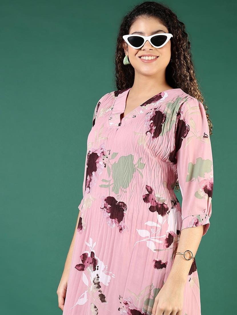 women pink printed three quarter sleeve a-line dress - 21695561 - Zoom Image - 0