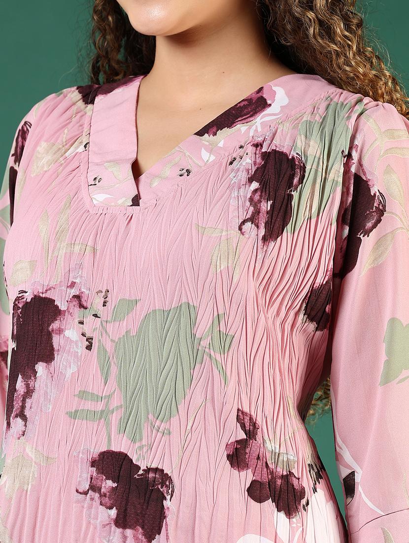 women pink printed three quarter sleeve a-line dress - 21695561 - Standard Image - 2