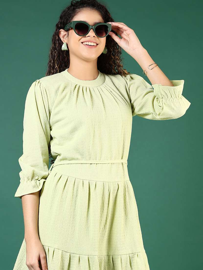 women solid puff sleeve tiered dress
