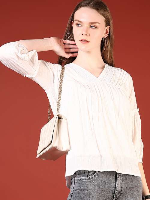 women white lace detailed v-neck regular top - 21695563 - Standard Image - 0