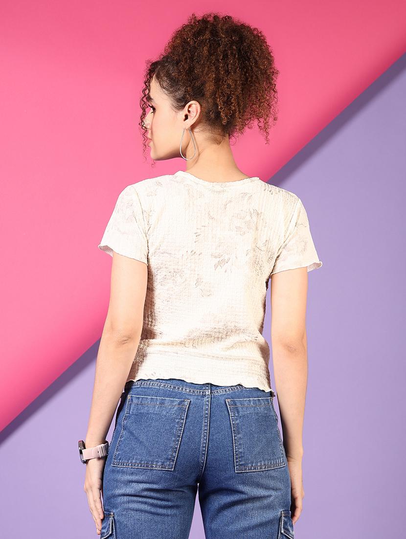 women cream printed round neck regular fit top - 21695564 - Standard Image - 2