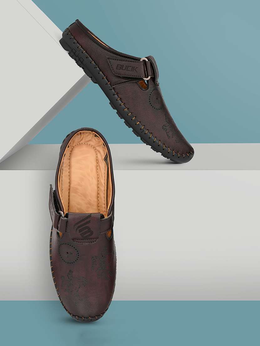 brown synthetic slip on sandals