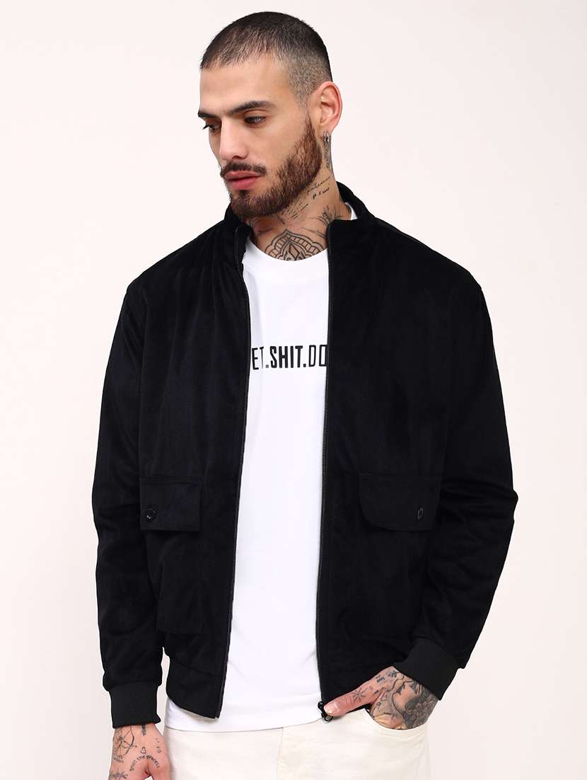 men black solid velvet casual jacket