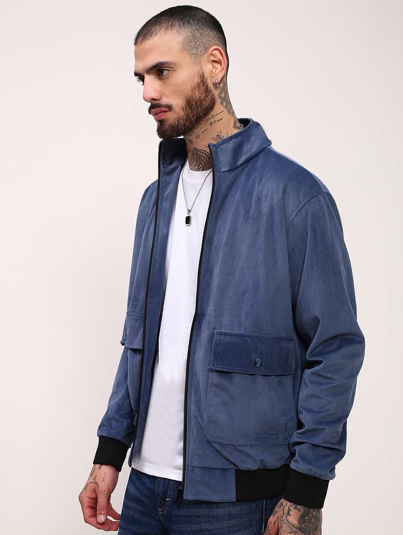 men blue solid velvet casual jacket - 21696002 -  Standard Image - 2