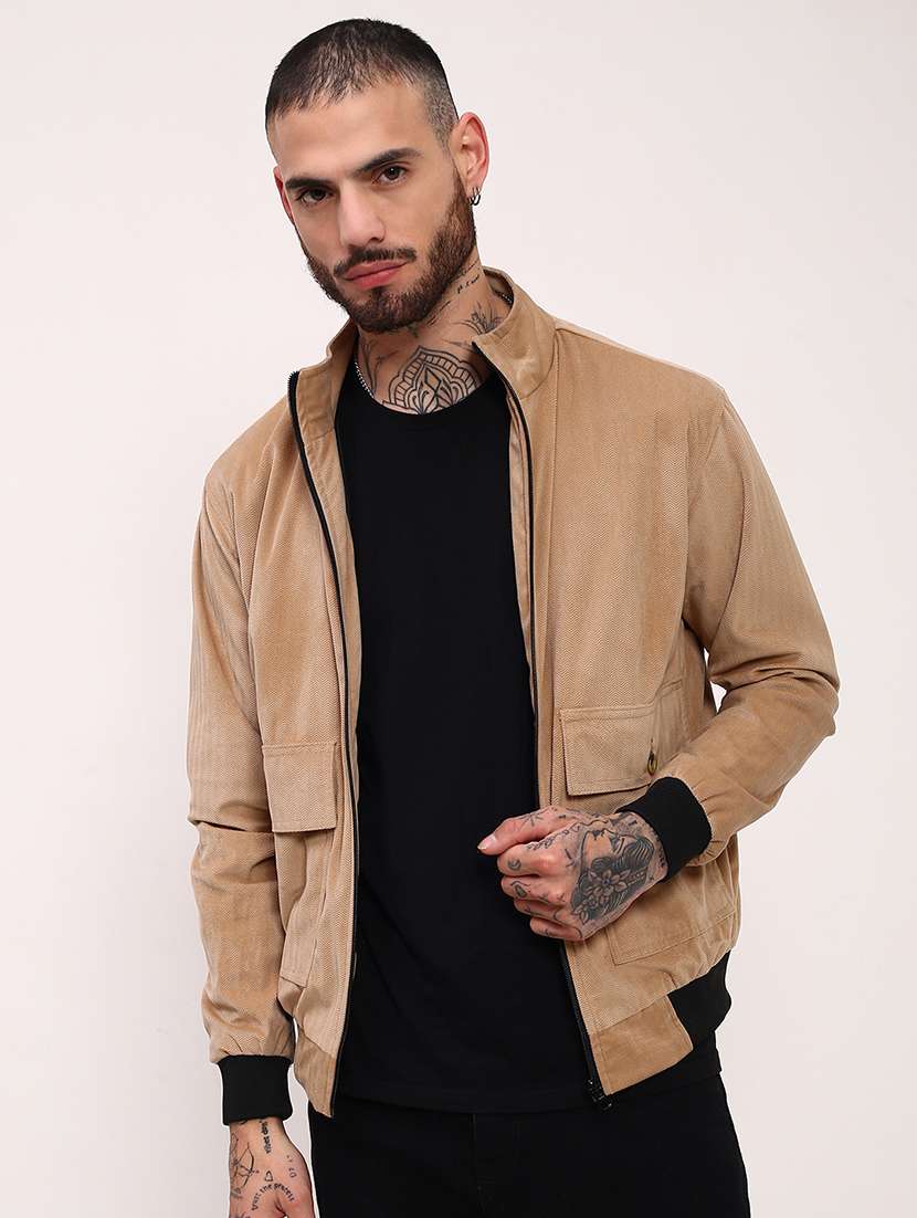 men beige solid velvet casual jacket