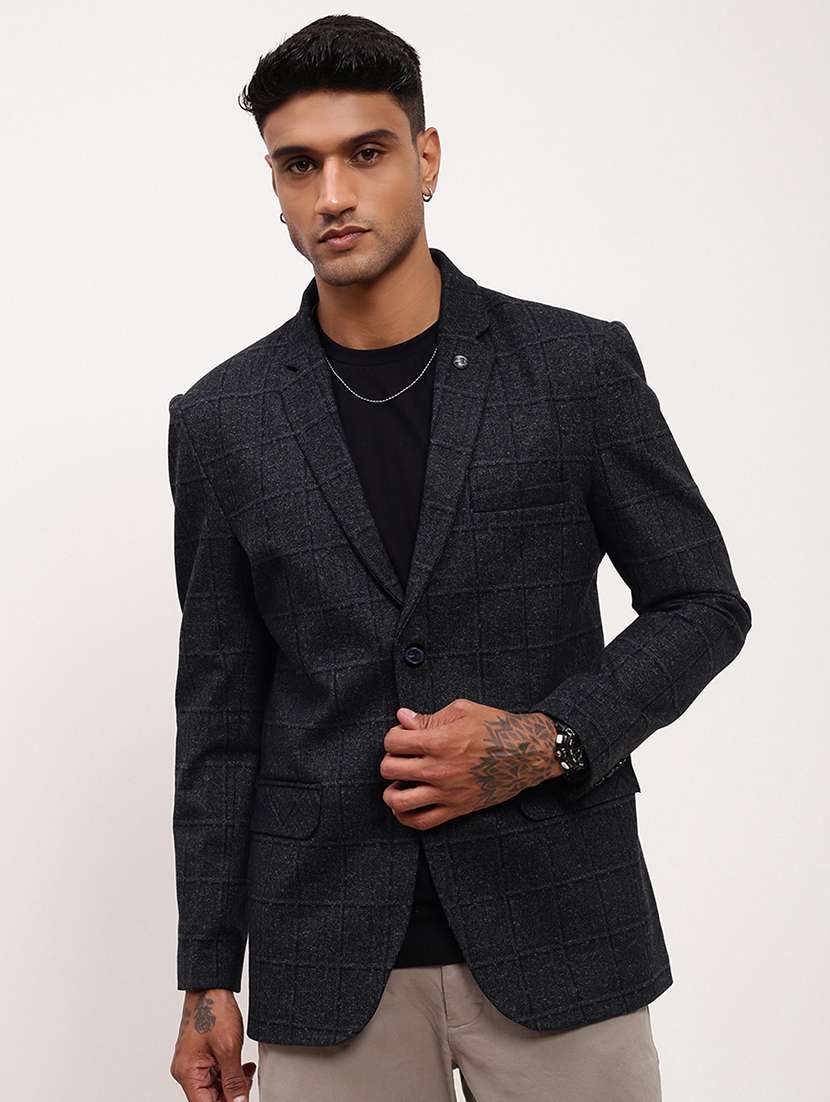 men checks single breasted casual blazer