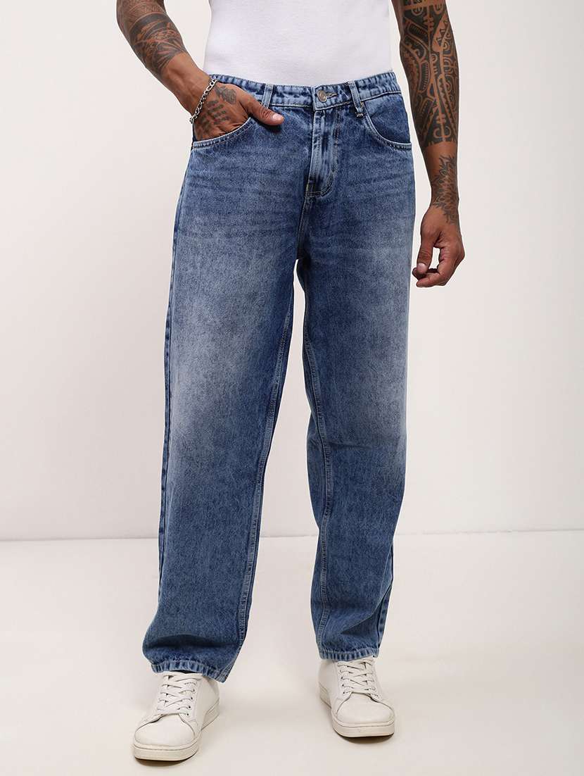 men washed mid rise full length straight fit jeans