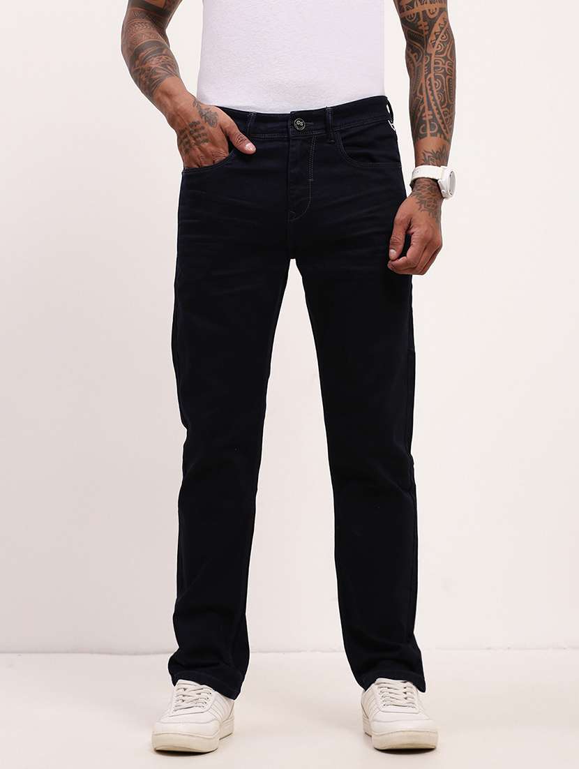 men navy blue low rise full length jean