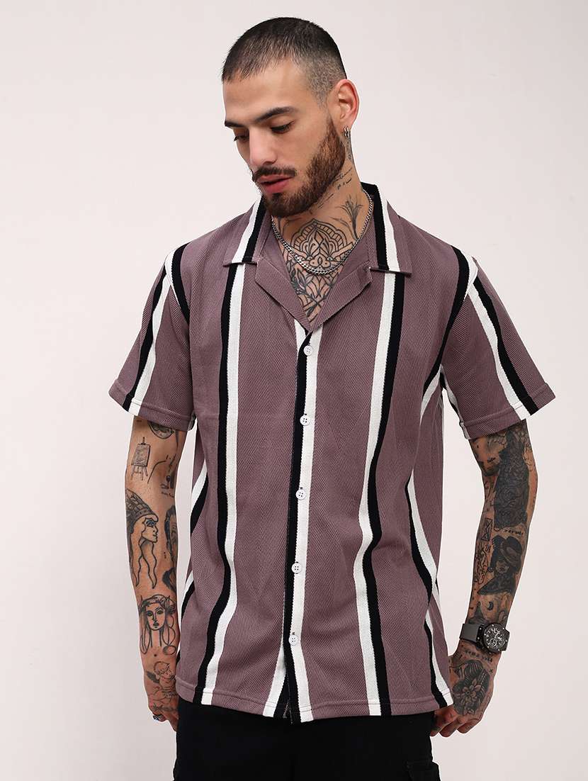 men striped short sleeves casual shirt