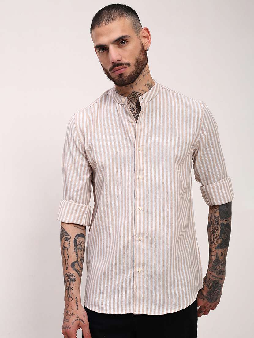 men striped long sleeves casual shirt