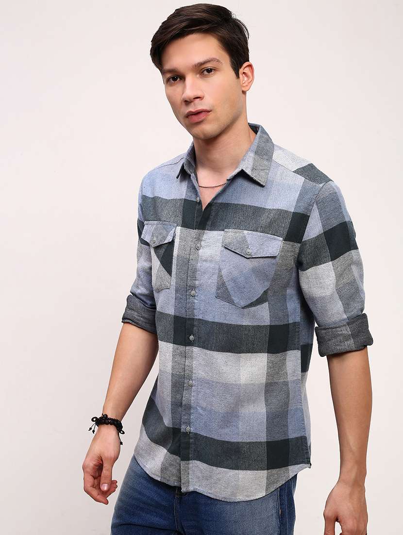 men checkered long sleeves double pockets casual shirt - 21696360 -  Standard Image - 2