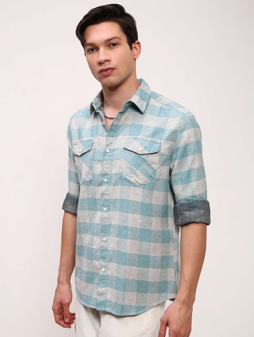 men checkered long sleeves double pockets casual shirt - 21696361 -  Standard Image - 2