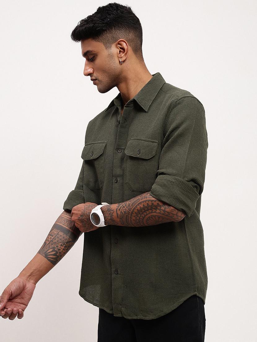 men textured long sleeves double pockets casual shirt - 21696374 - Standard Image - 2