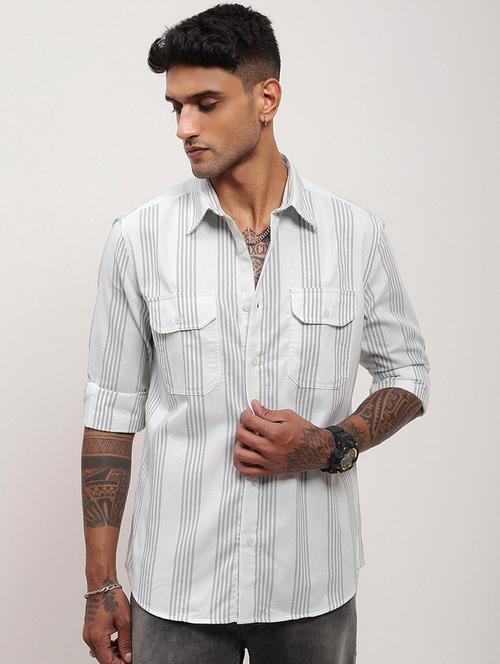 men striped long sleeves double pockets casual shirt - 21696378 -  Standard Image - 0