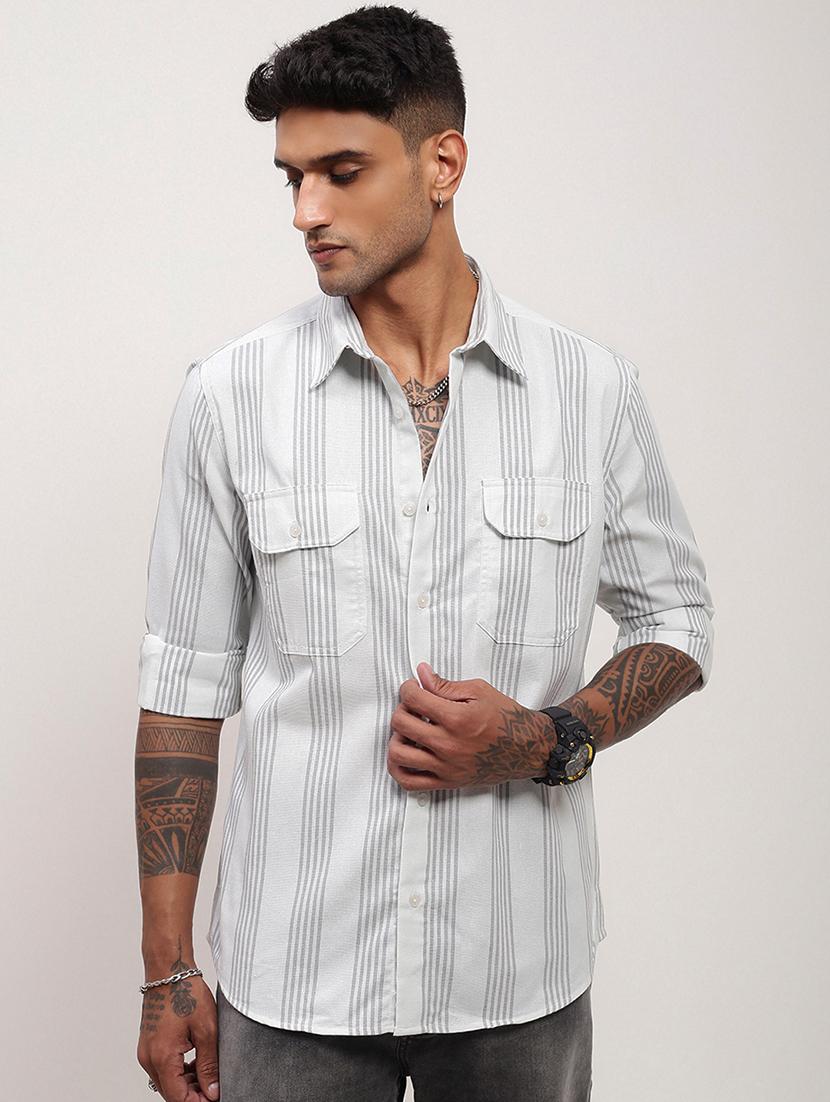 men striped long sleeves double pockets casual shirt - 21696378 -  Zoom Image - 0