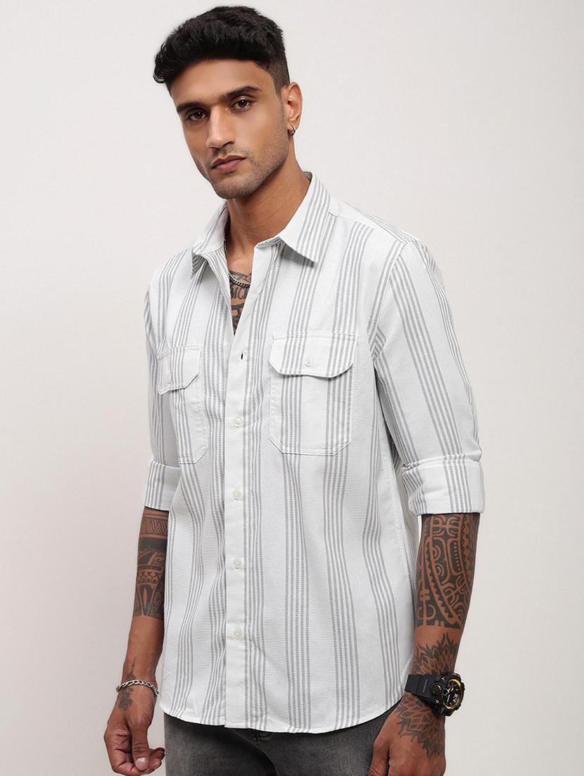 men striped long sleeves double pockets casual shirt - 21696378 - Standard Image - 2
