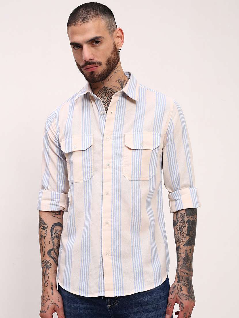 men striped long sleeves double pockets casual shirt