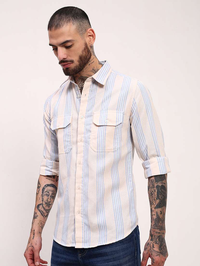 men striped long sleeves double pockets casual shirt - 21696380 -  Standard Image - 2