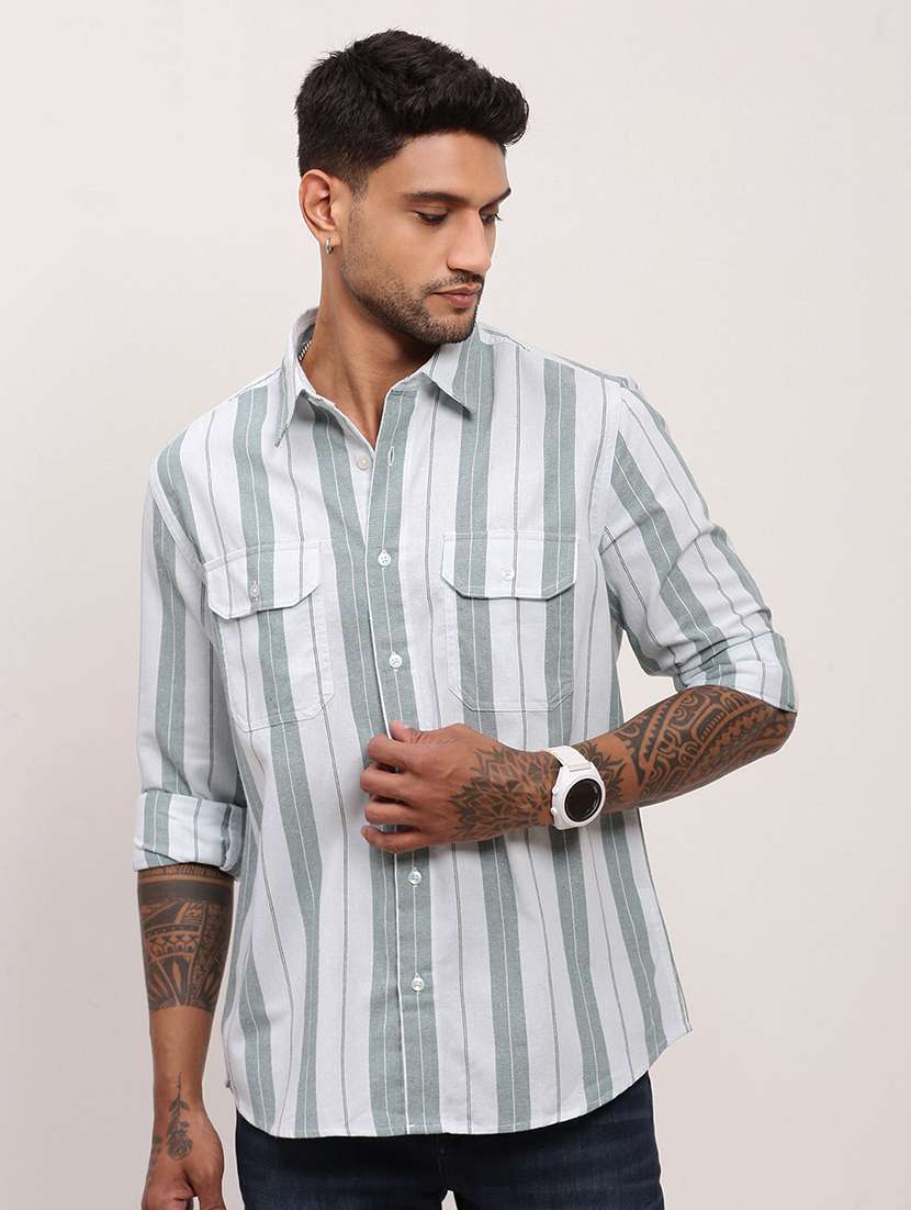 men striped long sleeves casual shirt
