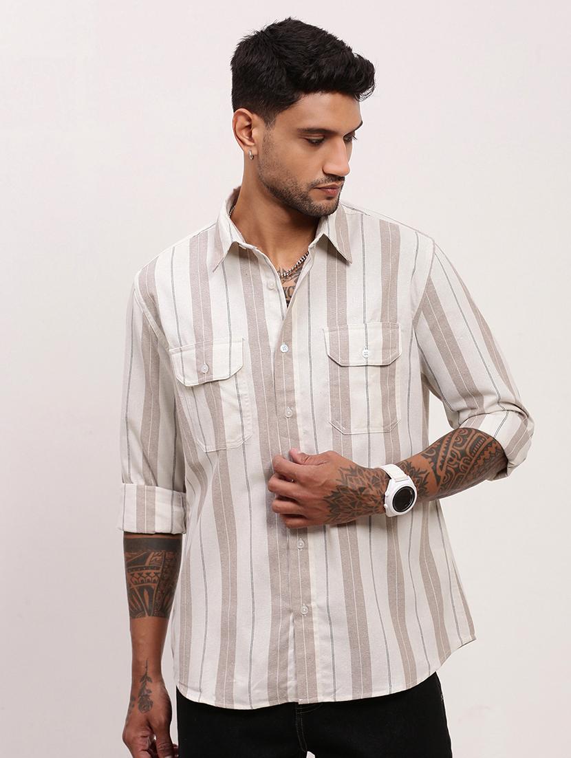 men striped long sleeves casual shirt