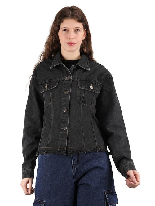 women solid collared long sleeves denim jacket - 21696451 -  Standard Image - 0