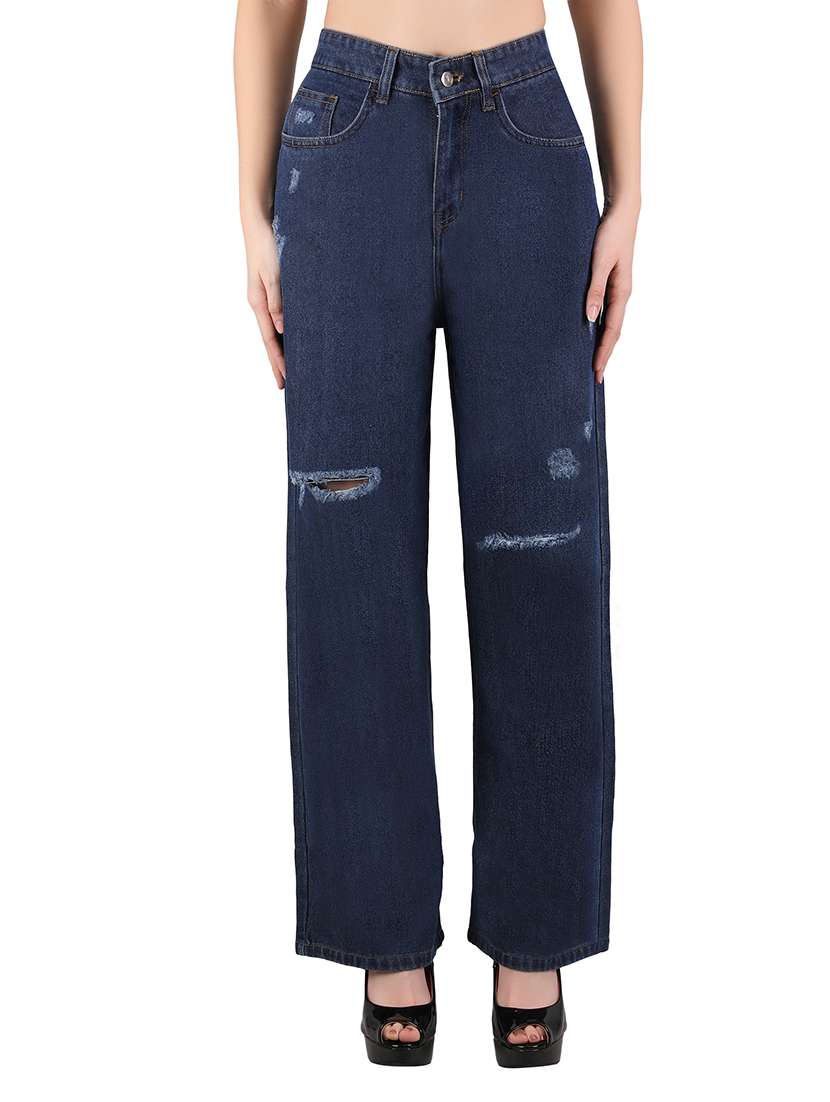 women distressed high rise wide leg jeans