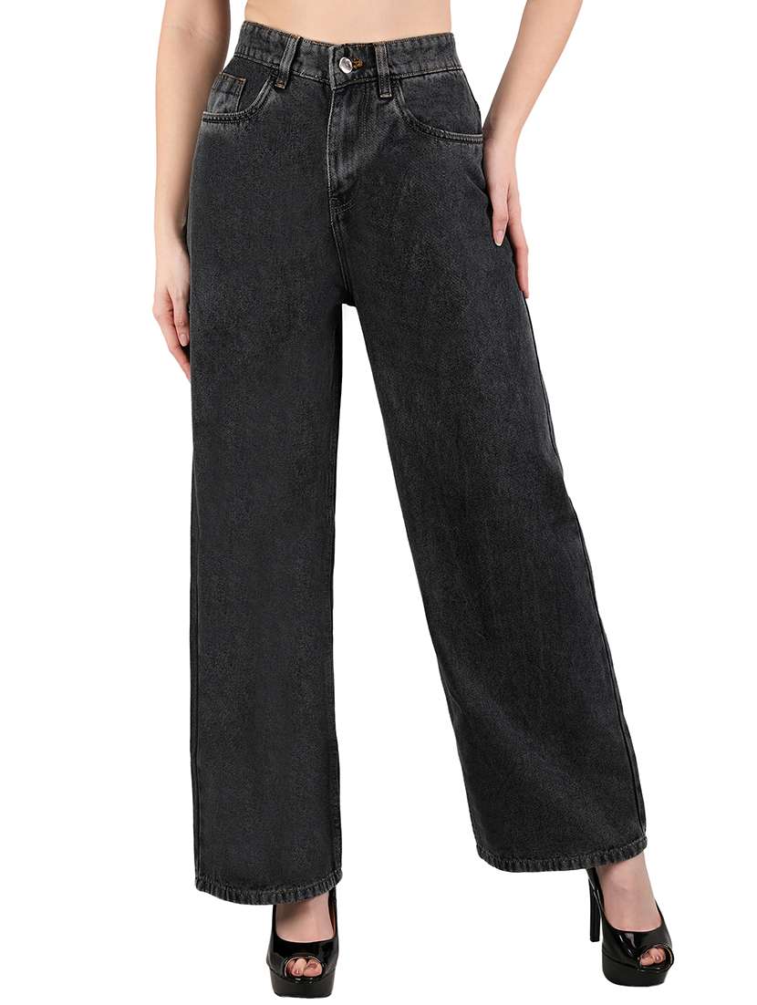women solid high rise wide leg jeans