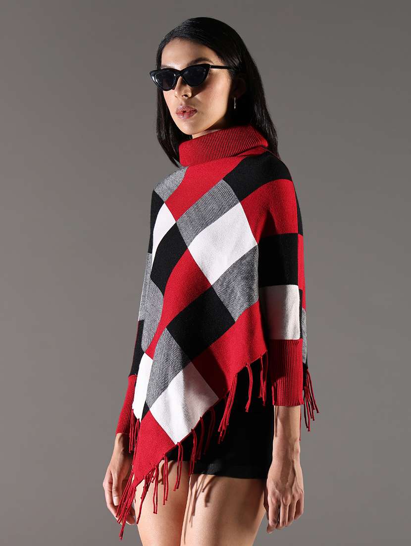 women checks turtle neck ponchos - 21696472 -  Standard Image - 2