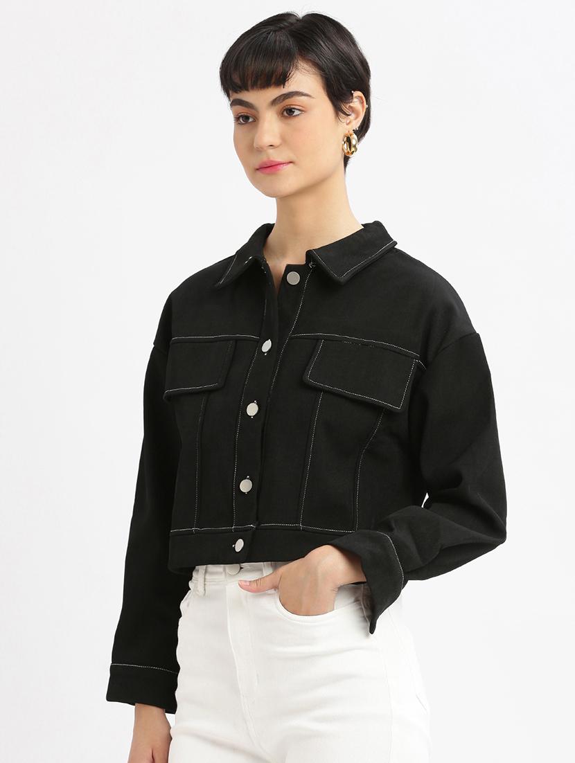 women black solid long sleeve summer jacket - 21696499 - Standard Image - 2