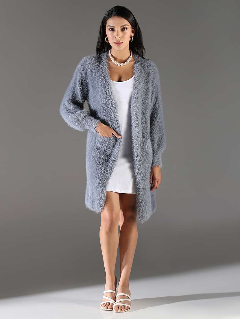 women grey solid long sleeve shrug