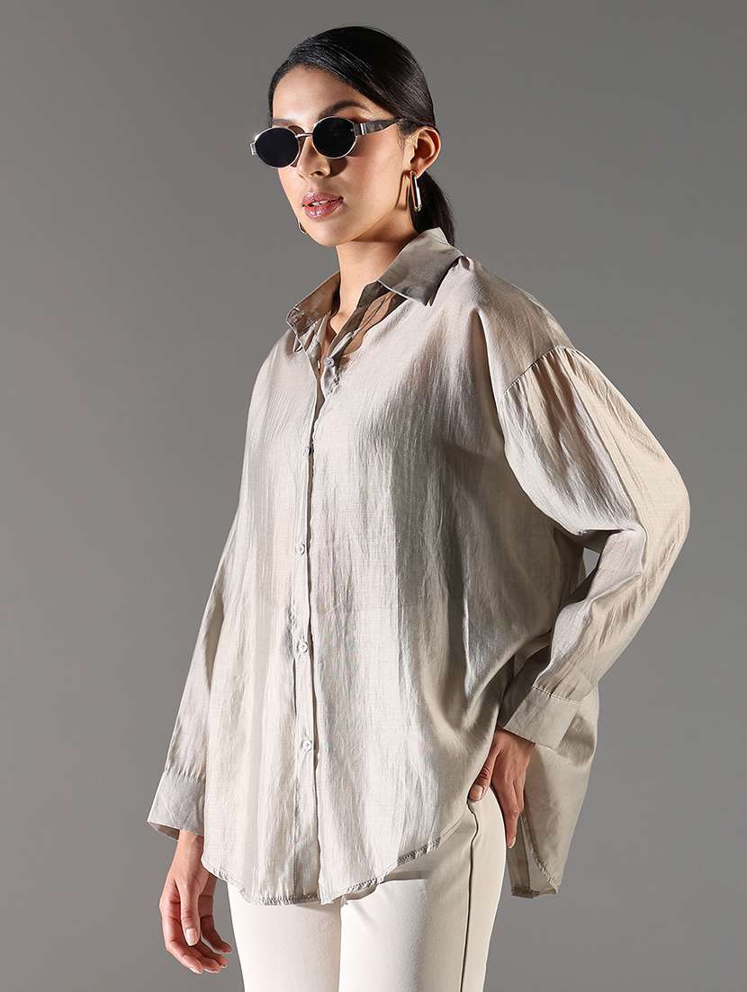 women grey solid long sleeve regular shirt - 21696521 -  Standard Image - 2