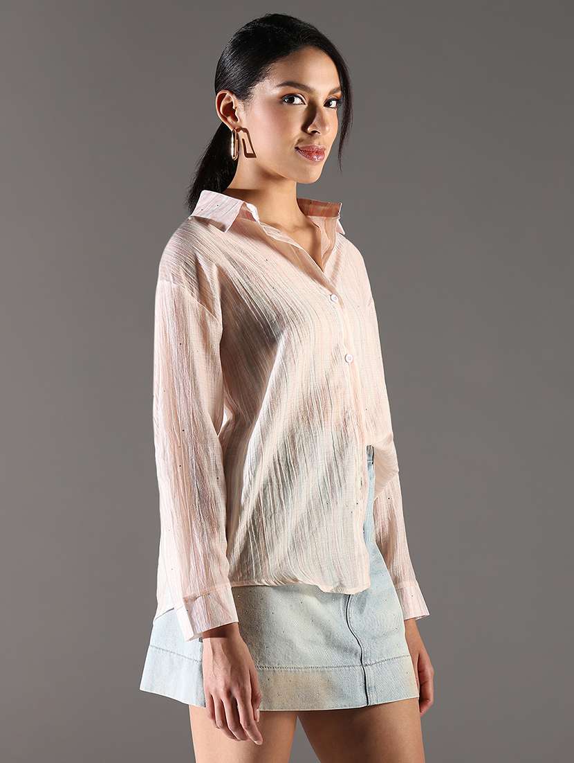 women peach stripes long sleeve regular shirt - 21696523 -  Standard Image - 2