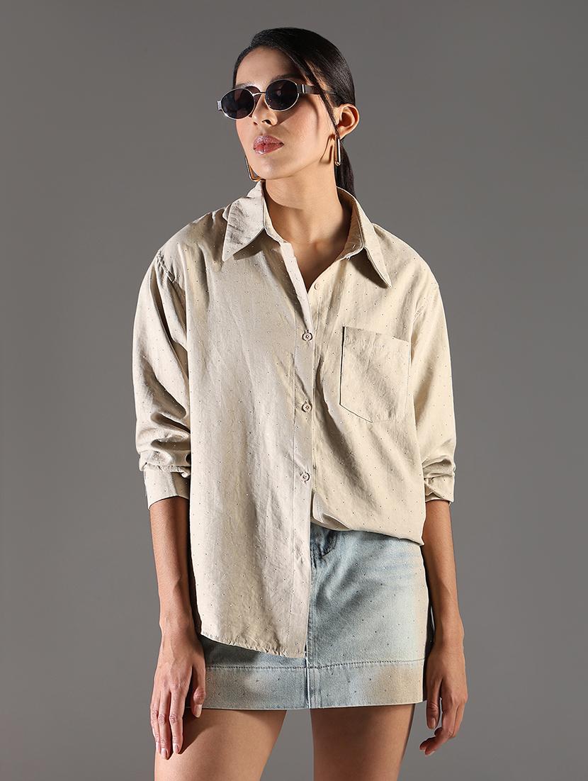 women beige long sleeve regular shirt - 21696524 -  Zoom Image - 0