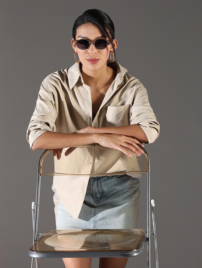 women beige long sleeve regular shirt - 21696524 - Standard Image - 2