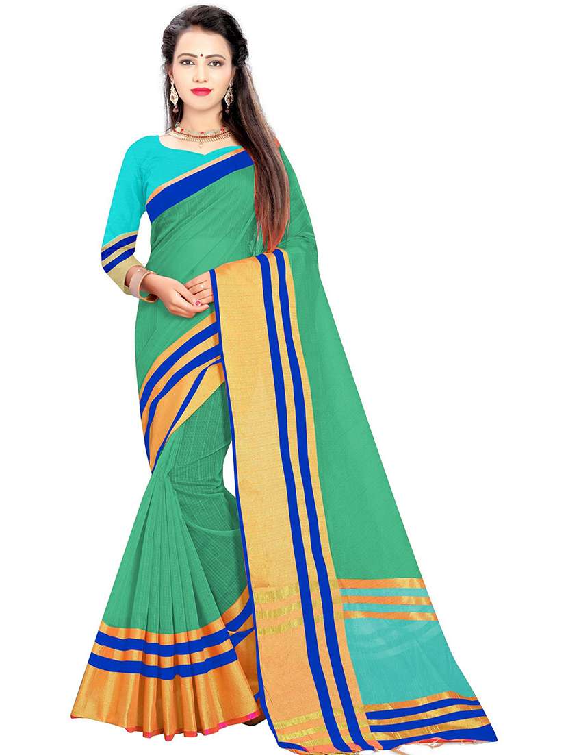 women green solid bordered saree