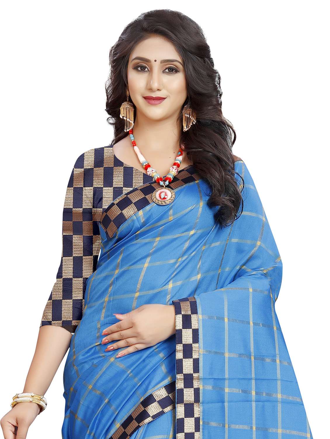 women checkered bordered saree  - 21696796 -  Standard Image - 2
