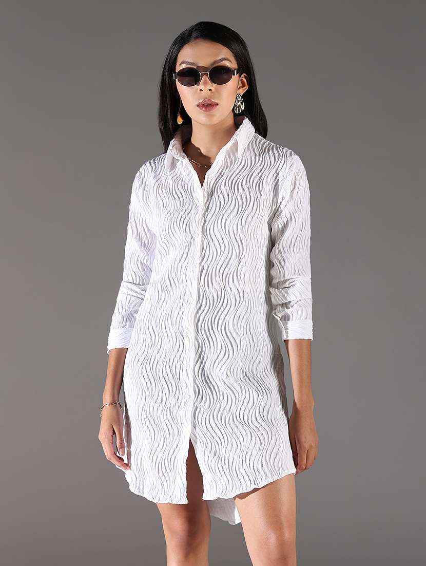 women white solid three quarter sleeve shirt dress