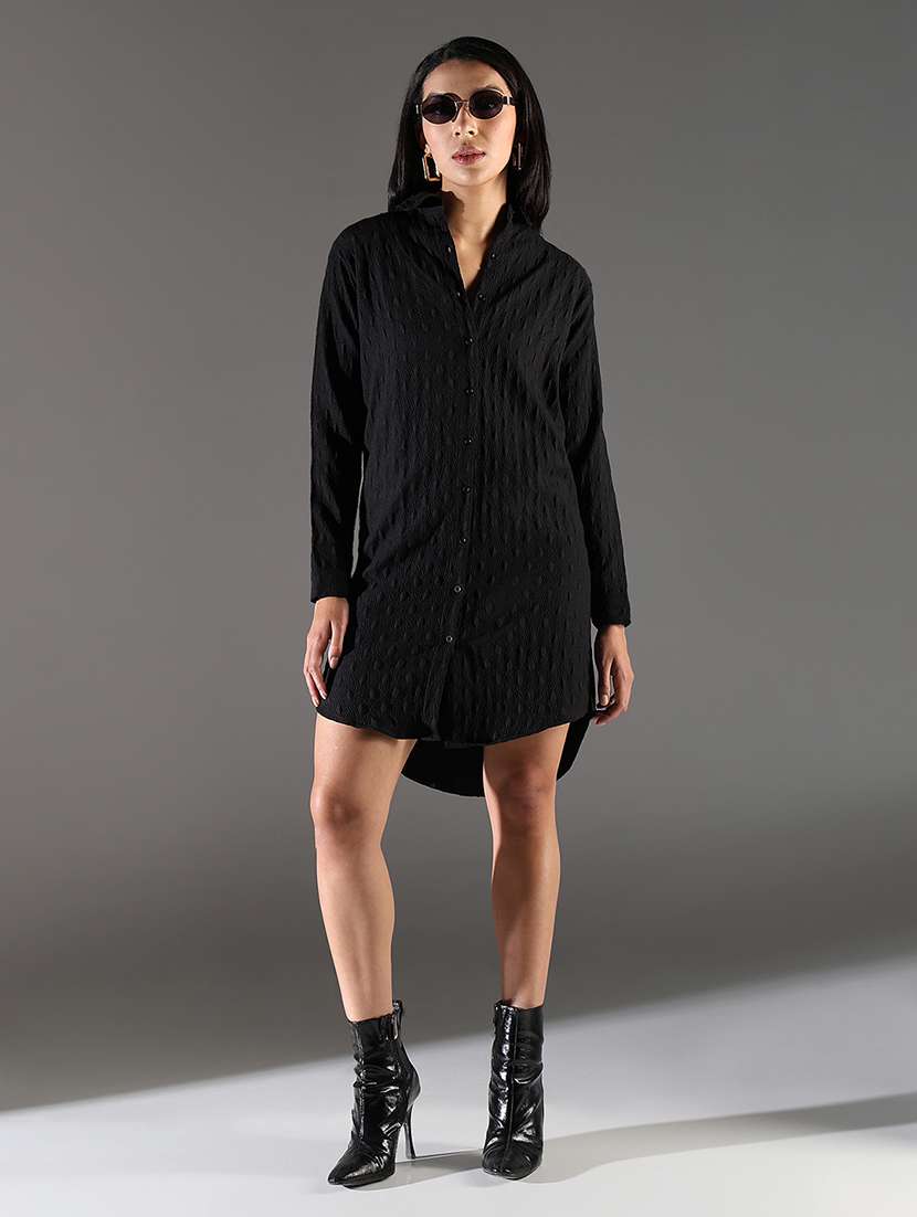 women black solid three quarter sleeve shirt dress