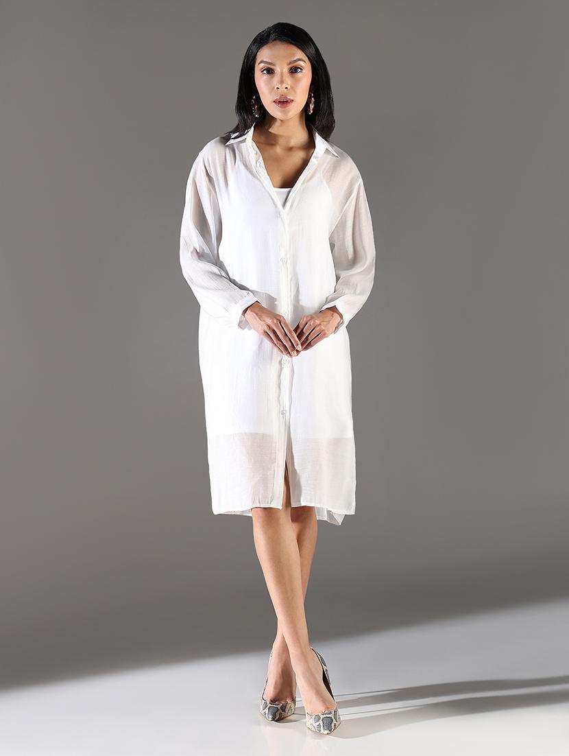 women white solid long sleeve shirt dress - 21696945 - Zoom Image - 0