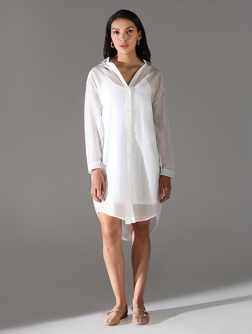women white solid long sleeve shirt dress - 21696946 -  Zoom Image - 0