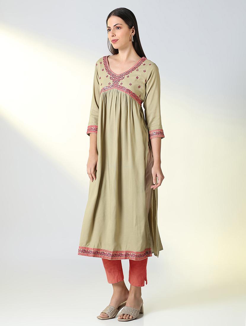women three quarter sleeve a-line kurta - 21696953 - Standard Image - 2