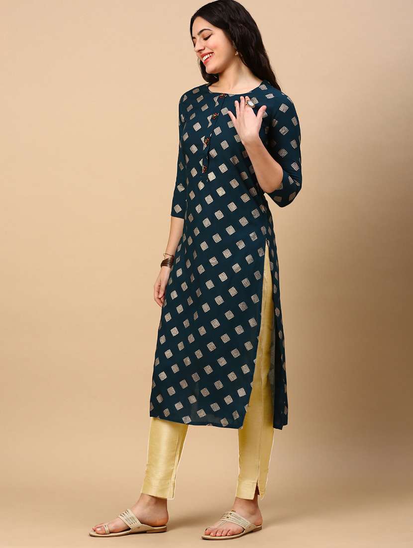 women three quarter sleeve straight kurta - 21696966 -  Standard Image - 2