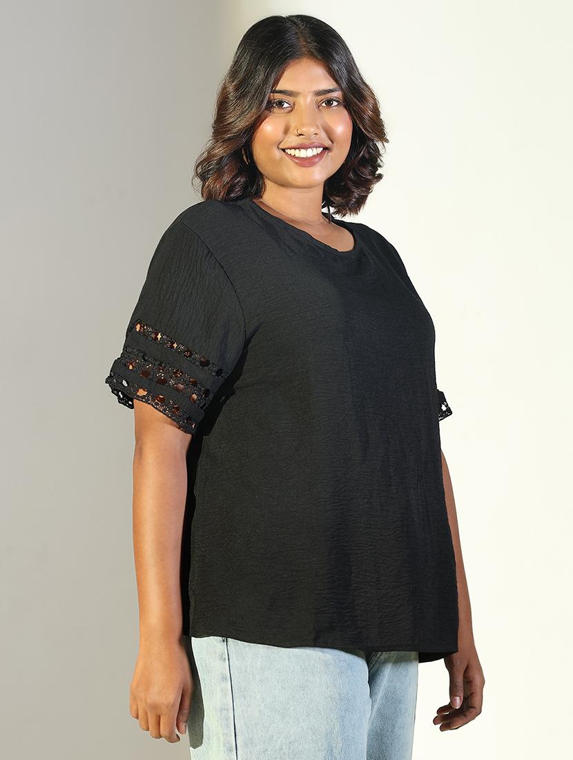 women black solid round neck short sleeve top - 21697008 - Standard Image - 2